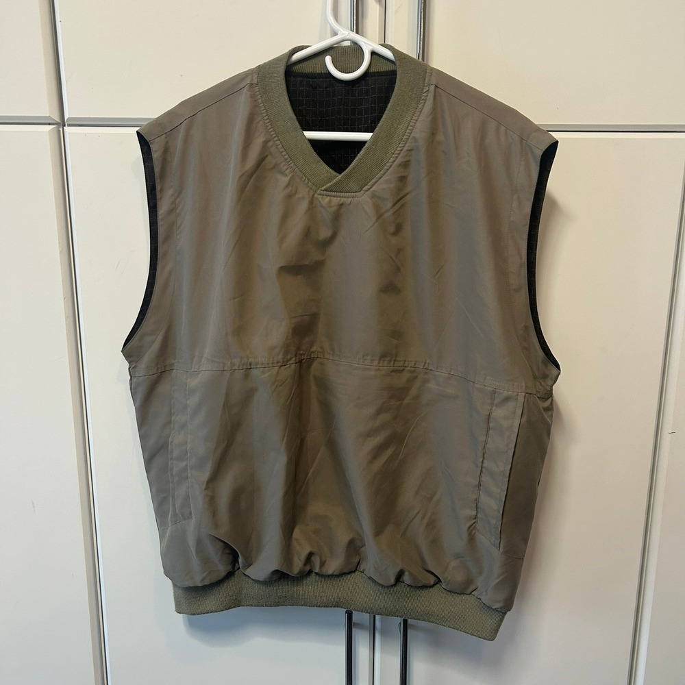 Vintage Reversible Windbreaker Vest Mens Olive Green Black Grid V-Neck Lg‎